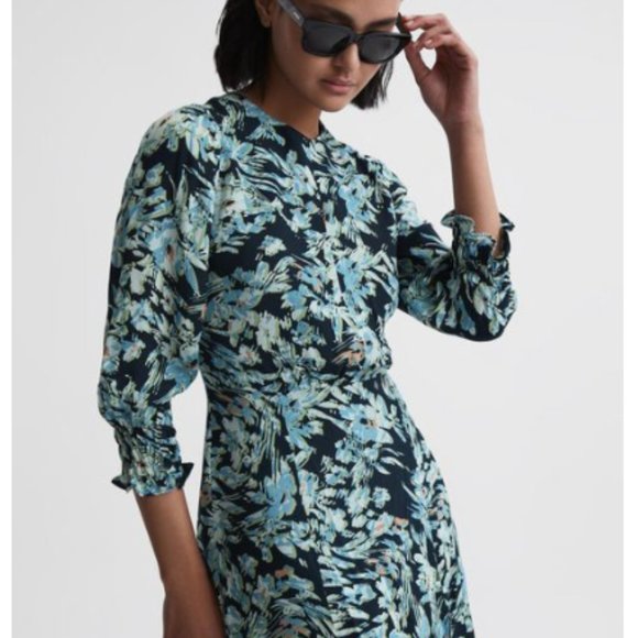 REISS ANNIE FLORAL PRINT NAVY/BLUE MINI DRESS sz 2 - Picture 3 of 5